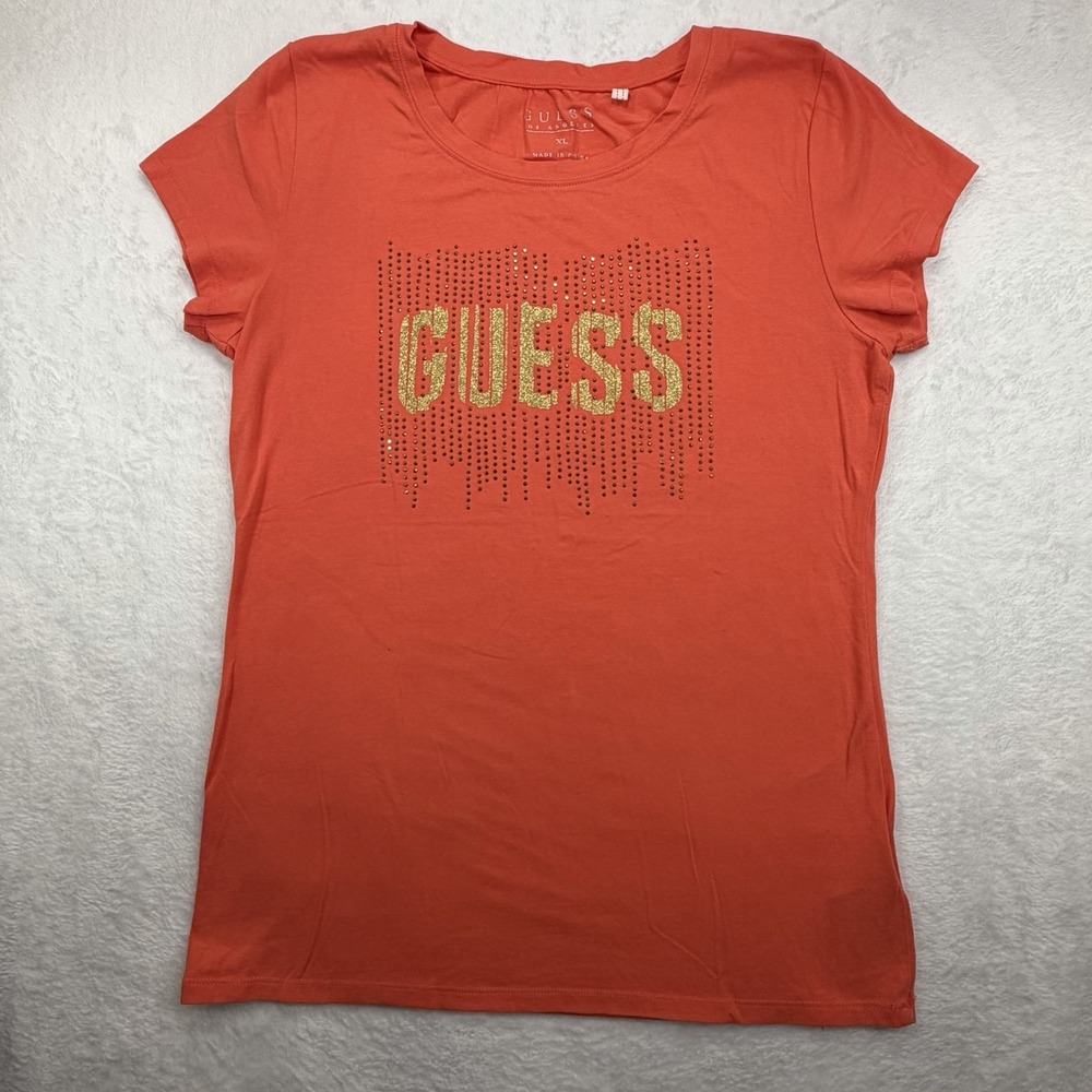 Guess T-Shirt Womens XL Coral Red Rhinestone Logo Short Sleeve